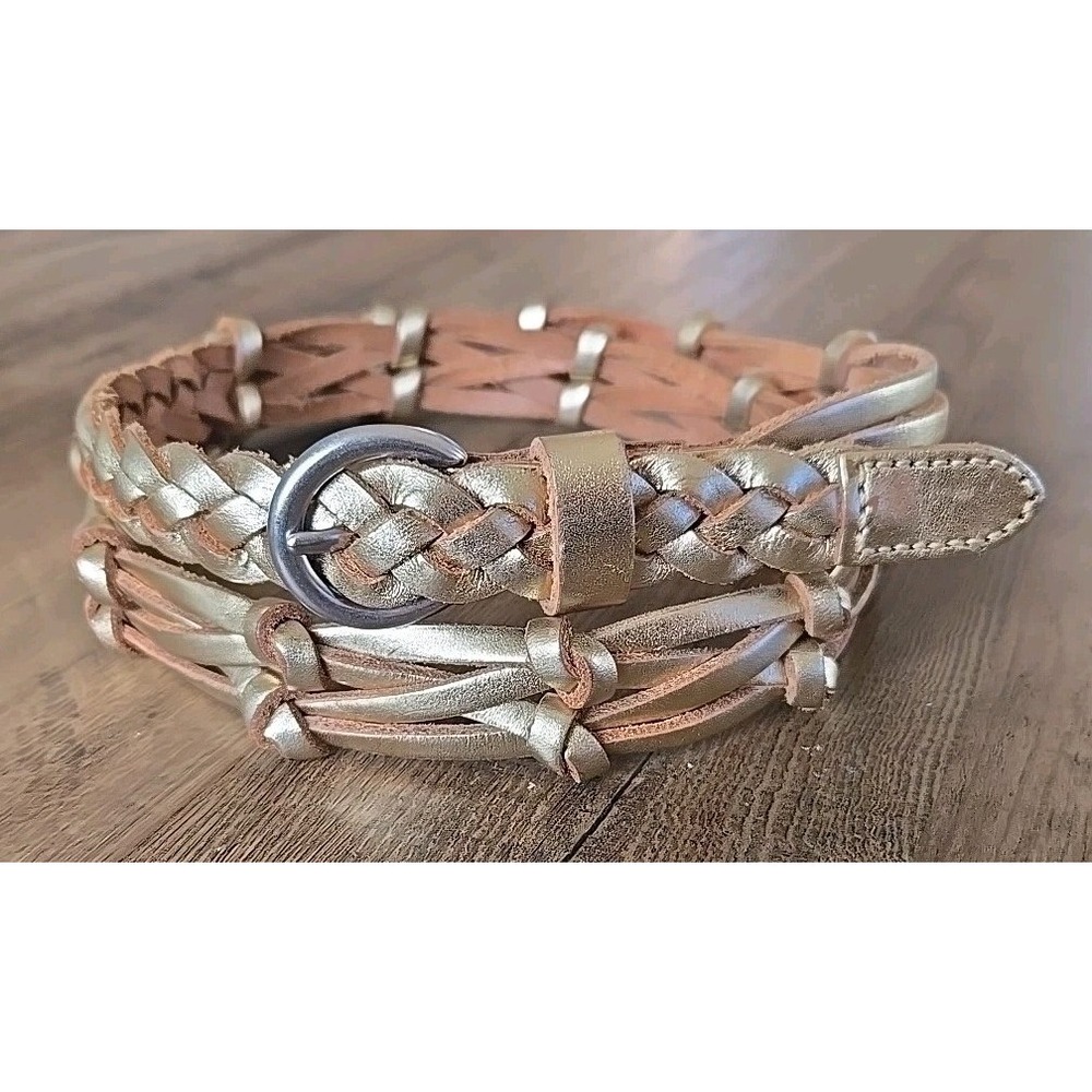 Fossil Gold Ladies Braided Genuine Leather Belt Silver Hardware Large Up to 40"